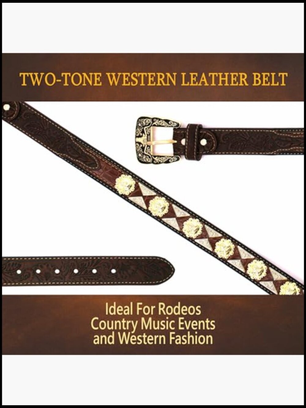 Genuine Leather Western Concho Belt with Tooled Design - Picture 4 of 7